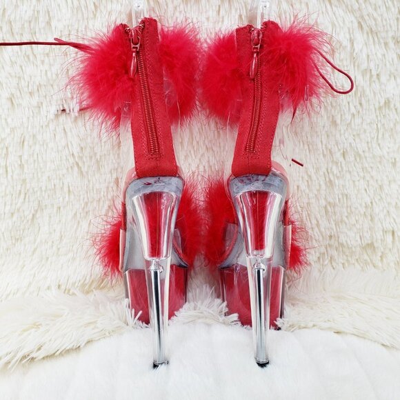 Red Furry Marabou Feather 7" High Heel Platform Shoe - Picture 10 of 15